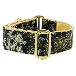 Martingale Dog Collar - Dragon Black Silk Brocade - Silver Hardware 2 In. XL